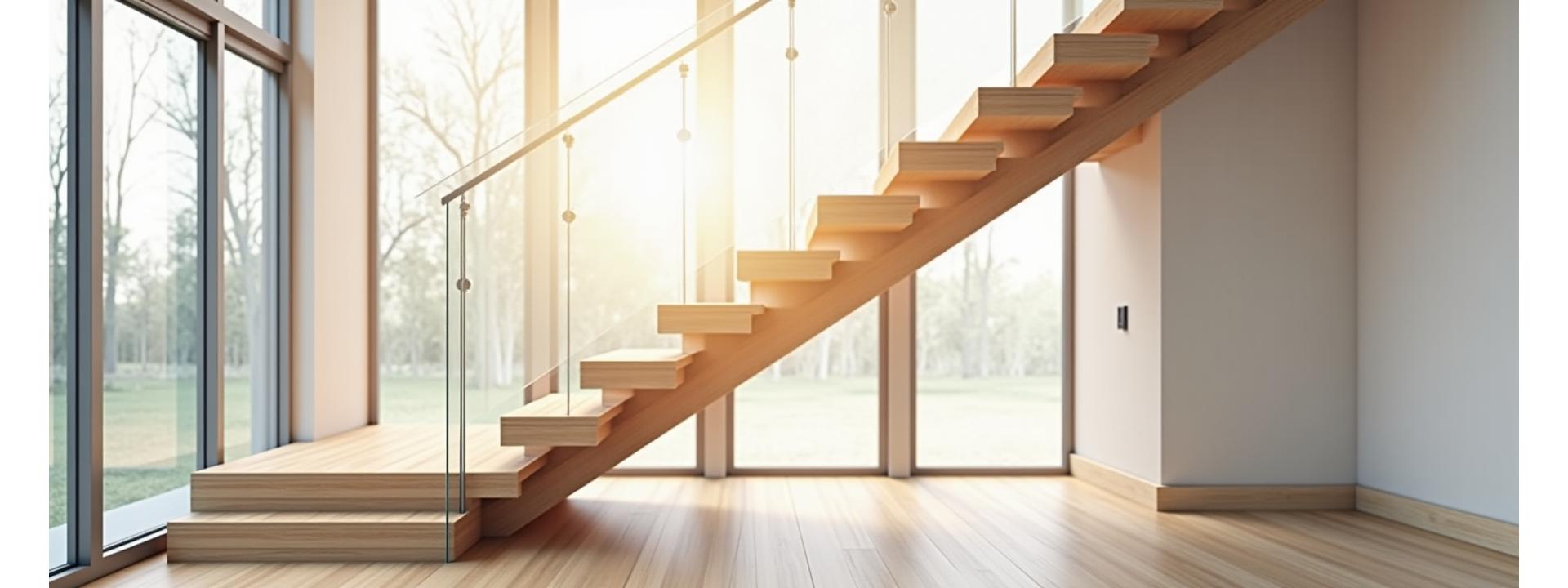 Modern floating wooden staircase with glass railing illuminating a bright entryway